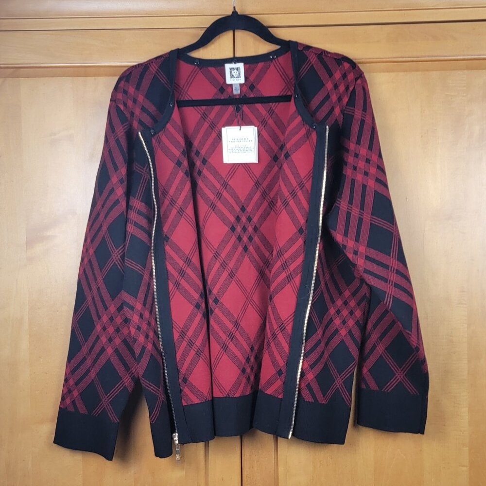 NWT Anne Klein Black & Red Full Zip Sweater Removable Faux Fur Collar - XL - Picture 5 of 15